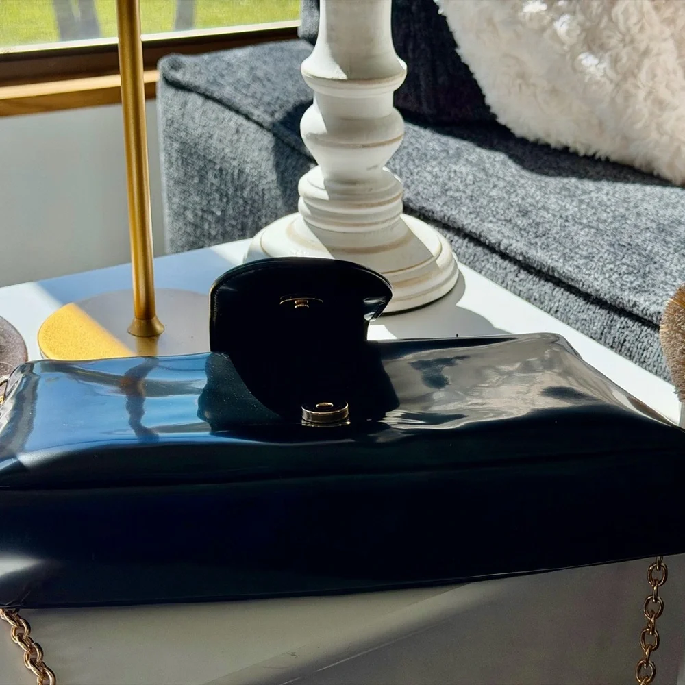 JUICY COUTURE Overstated Black Patent Flap Clutch with Gold Chain and Logo - Picture 10 of 14